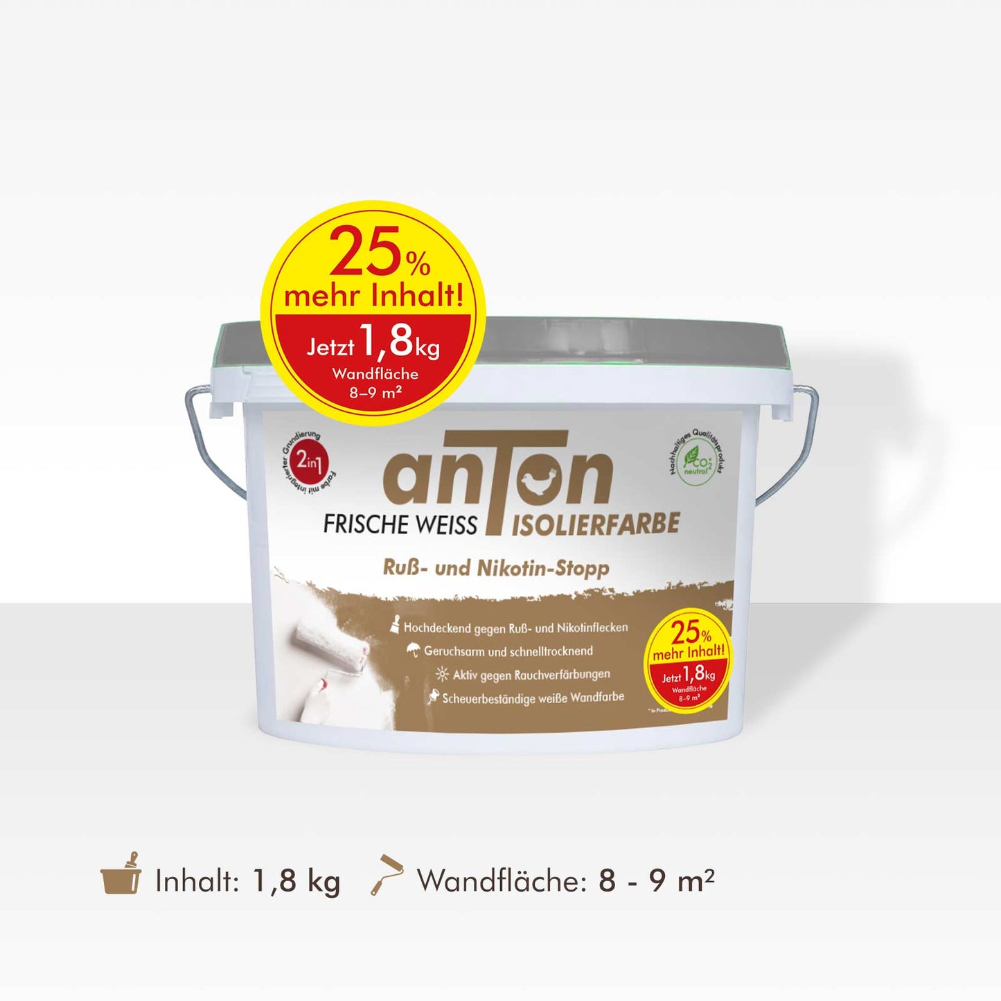 anTon Ruß- und Nikotin Isolierfarbe "Direkt auf Ruß- und Nikotin" - Anti-Nikotin-Farbe für Wände, Decken und Holz - Jetzt mit 25% mehr Inhalt