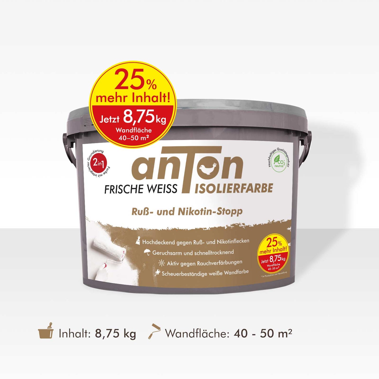 anTon Ruß- und Nikotin Isolierfarbe "Direkt auf Ruß- und Nikotin" - Anti-Nikotin-Farbe für Wände, Decken und Holz - Jetzt mit 25% mehr Inhalt
