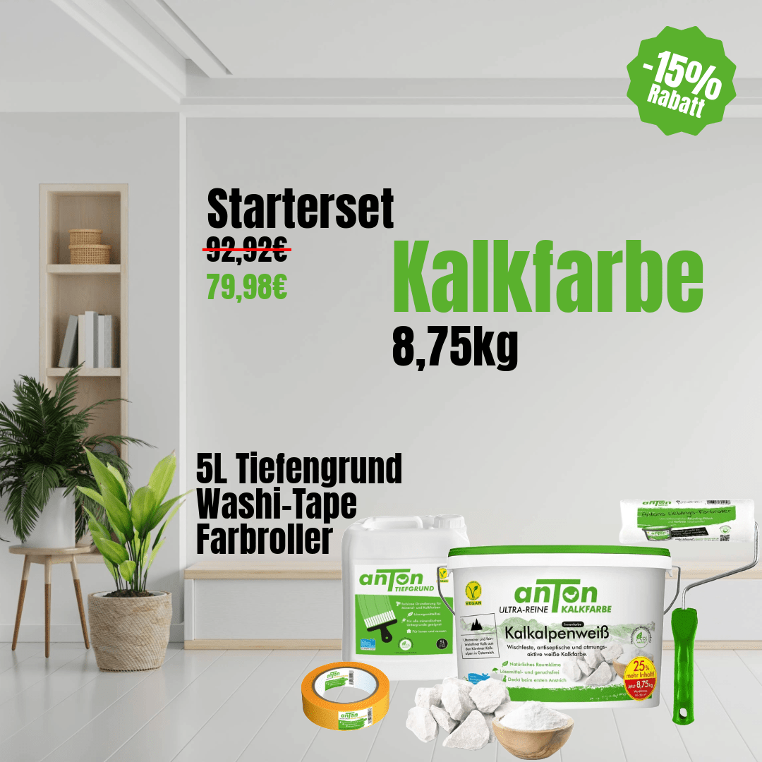 Kalkfarbe Innen Advanced Set 8,25 kg: Weiße Kalkfarbe, Tiefgrund, Washi-Tape und Farbroller