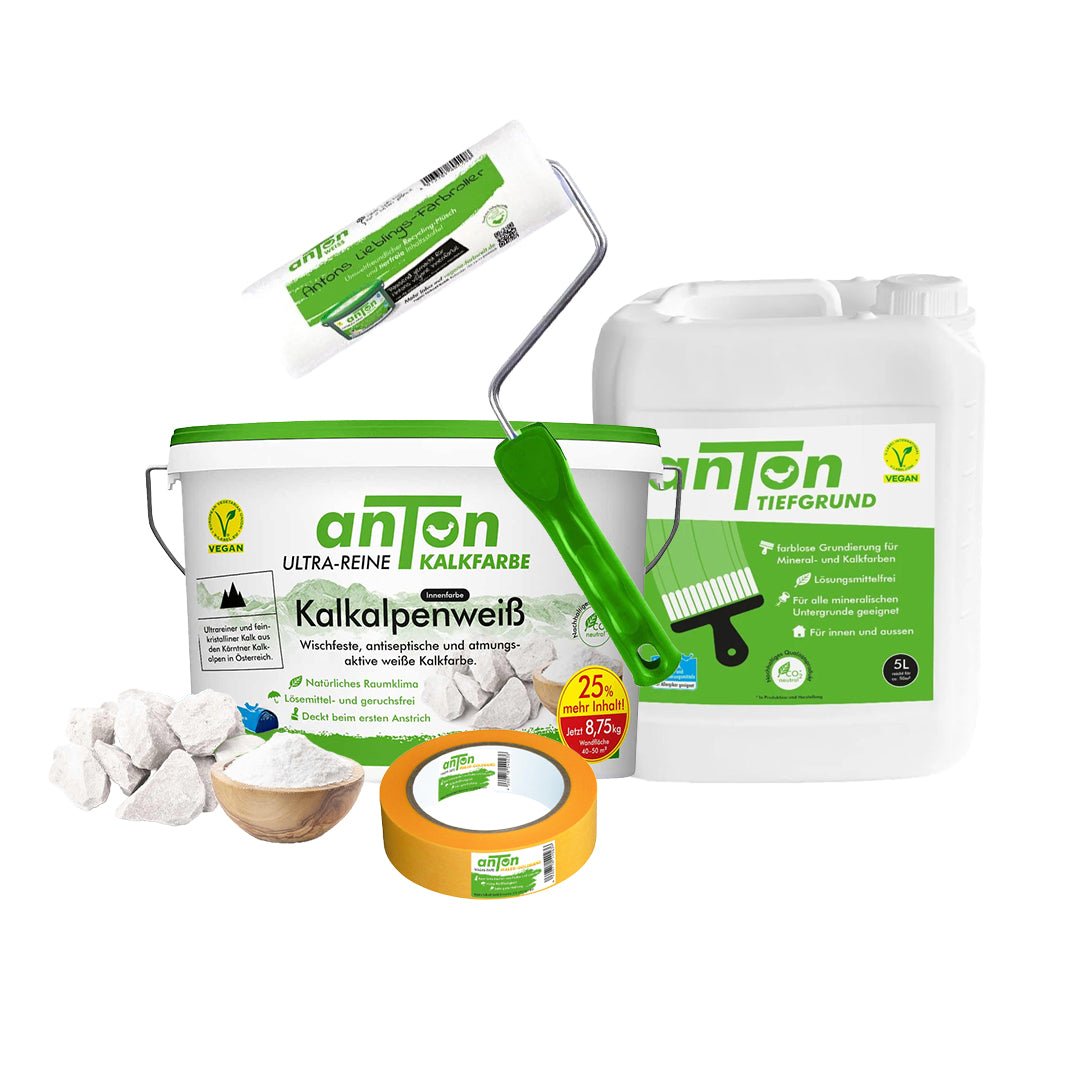 Kalkfarbe Innen Advanced Set 8,25 kg: Weiße Kalkfarbe, Tiefgrund, Washi-Tape und Farbroller