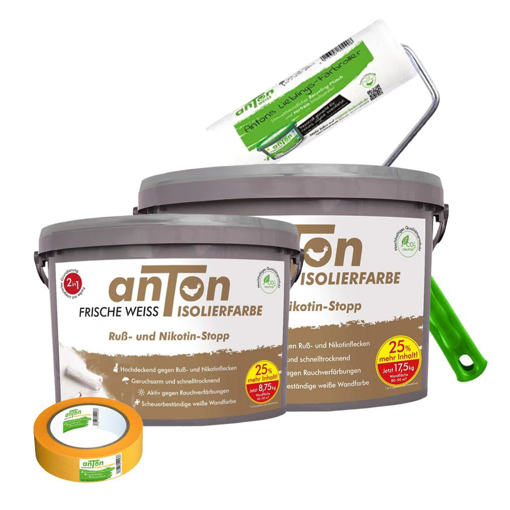 Ruß-und Nikotin Isolierfarbe Bundle - inkl. 18cm Malerroller und Washi Tape