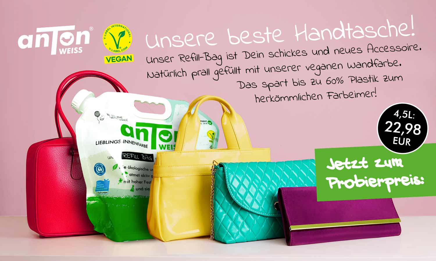 Unsere beste Handtasche: Vegane Wandfarbe im Refill-Bag